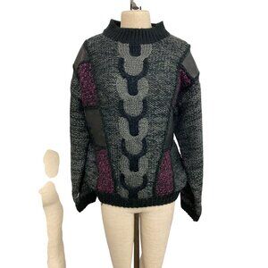 Vintage Street Scenes Chunky Knit Sweater L Black Purple Wool Blend